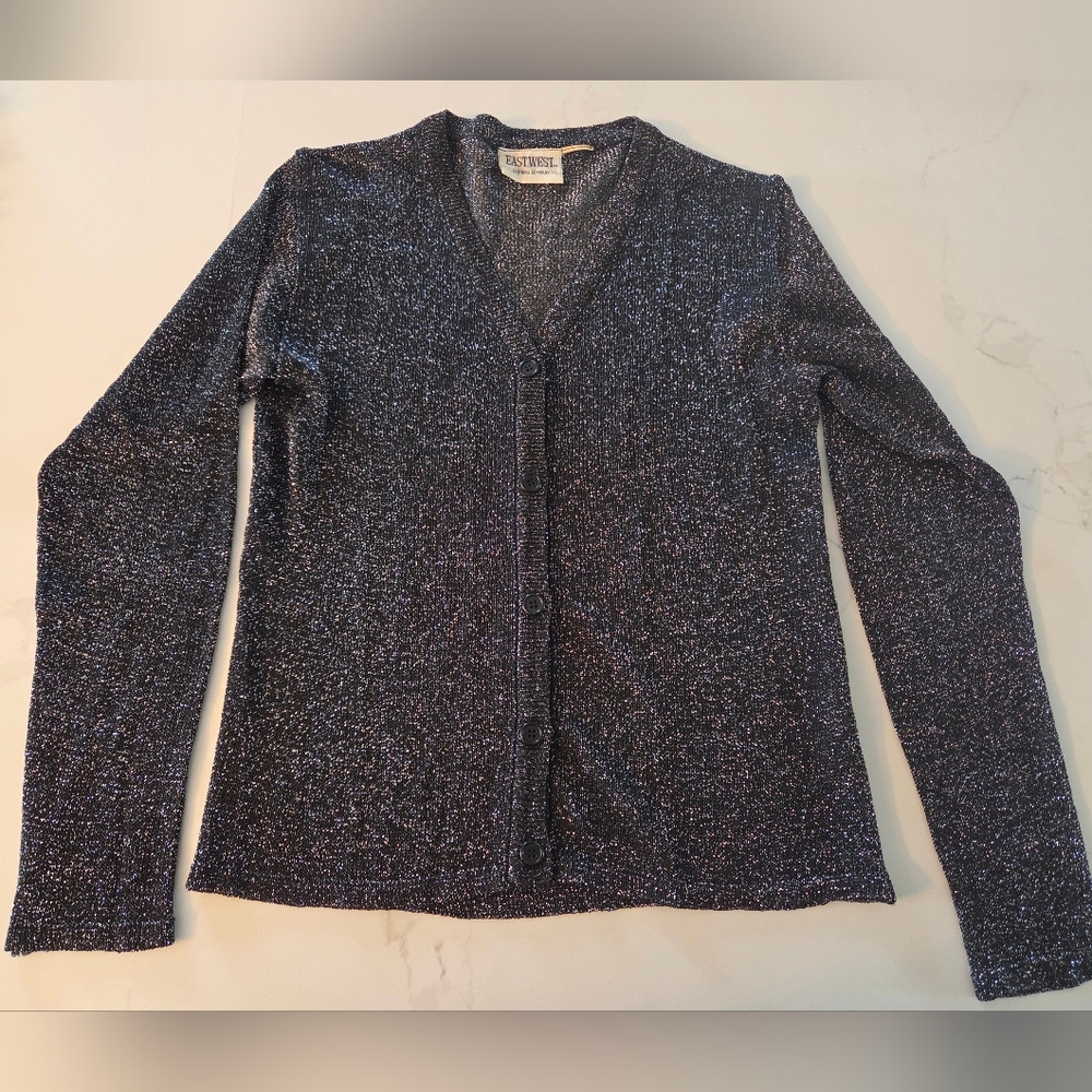 Vintage V Neck Metallic Sparkle Twilight Button Cardigan Semi Transparent